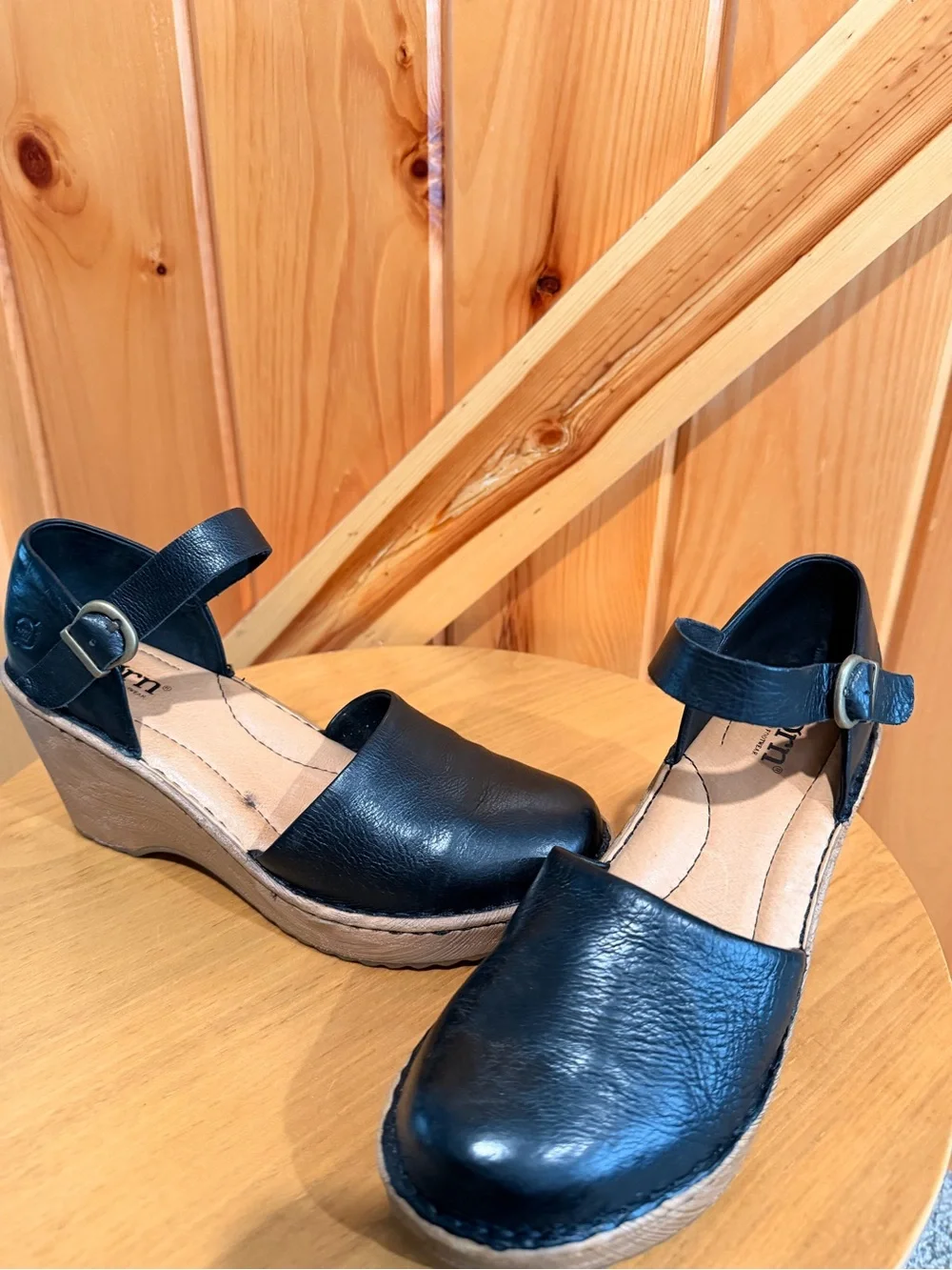 Born Black Leather Wedge Sandals with Ankle Strap